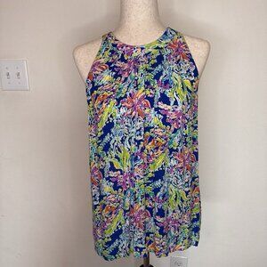 Anne Carson Top Women Large Multicolor Floral Colorful Tropical Resort High Neck